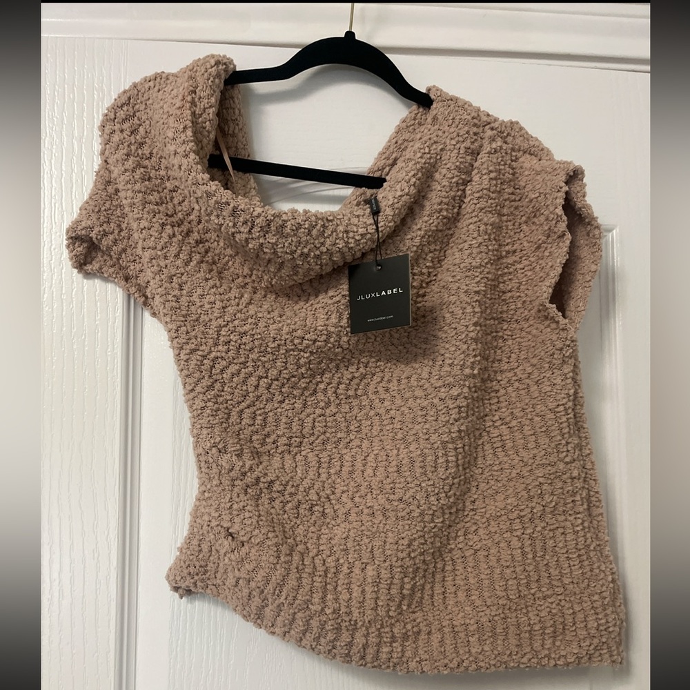 JLUXLABEL off shoulder Taupe Cowl Neck Textured Knit Sweater